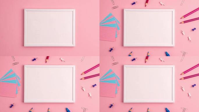 停止运动动画模型的笔，便笺，记事本，记号笔，橡皮擦，推针，回形针铅笔在粉红色的背景。平放俯视图。教育