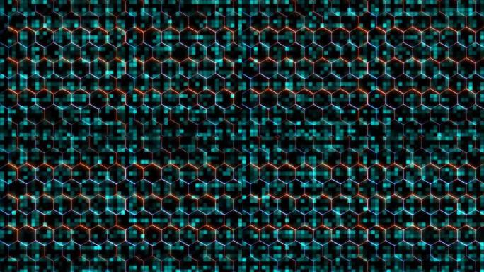 六角形和红蓝激光动画覆盖和保护及可视化波技术，抽象浅蓝色色调方光粒子图案波形振荡数字表面
