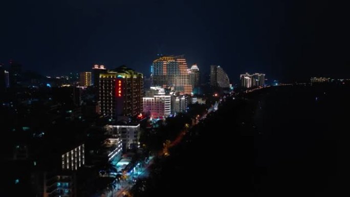 夜间照明海南岛三亚湾航空全景4k中国