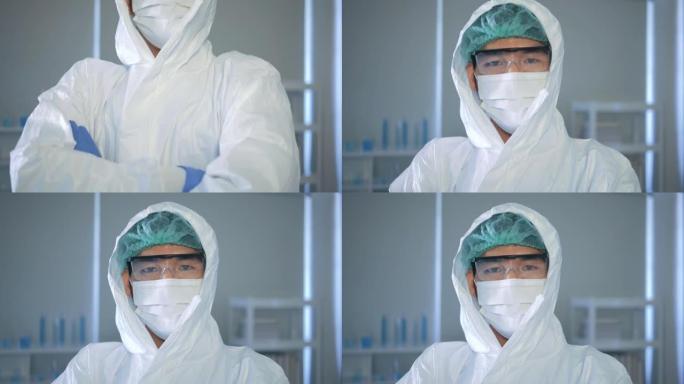 在病毒学实验室，护目镜和呼吸器中穿着防护服的亚洲肖像病毒学医务工作者