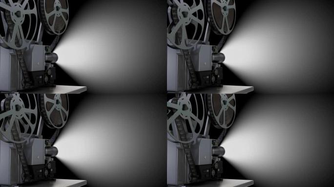 空投影仪屏幕和旋转胶片卷轴，黑色背景上有电影
