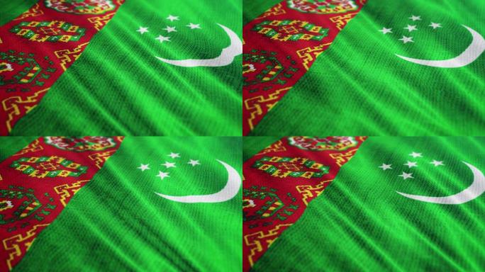 土库曼斯坦国旗挥舞着3D插图。全视角织物上的国家标志3D渲染。