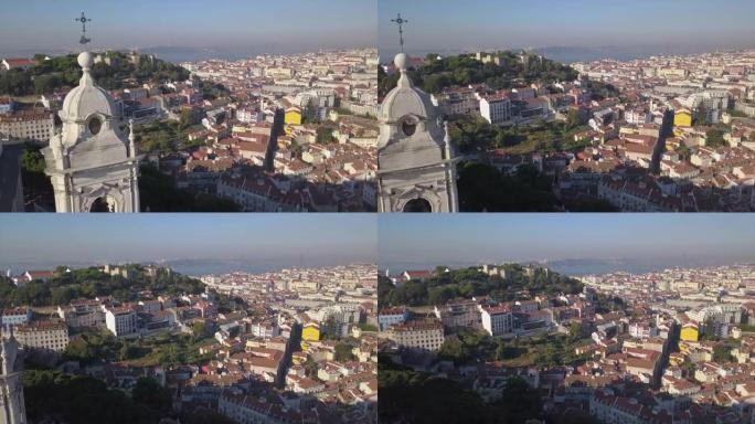 阳光明媚的日子里斯本城市景观教堂塔顶部空中全景4k葡萄牙