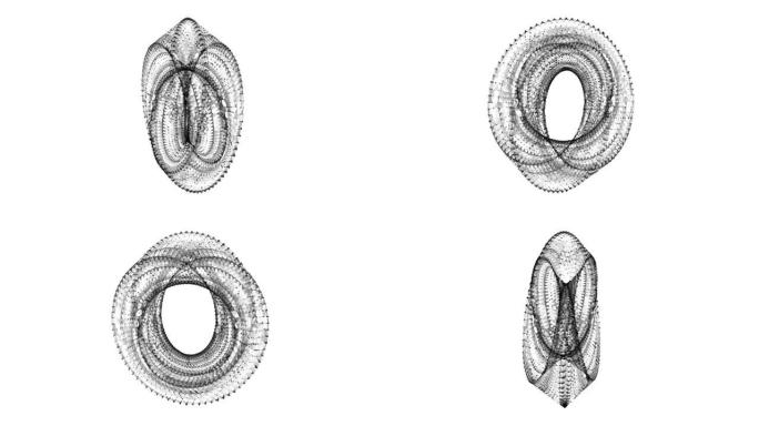莫比乌斯条环神圣几何。表面向上的空间图形。具有双重圆形轮廓的视错觉。线框低聚网格