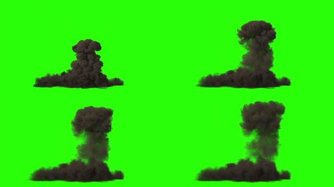 绿色屏幕背景上冒黑烟的3D火灾爆炸