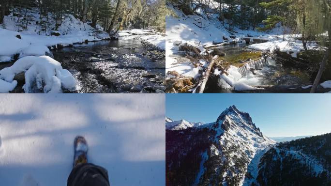 雪山融水溪流清泉雪地积雪踩雪梅里雪山