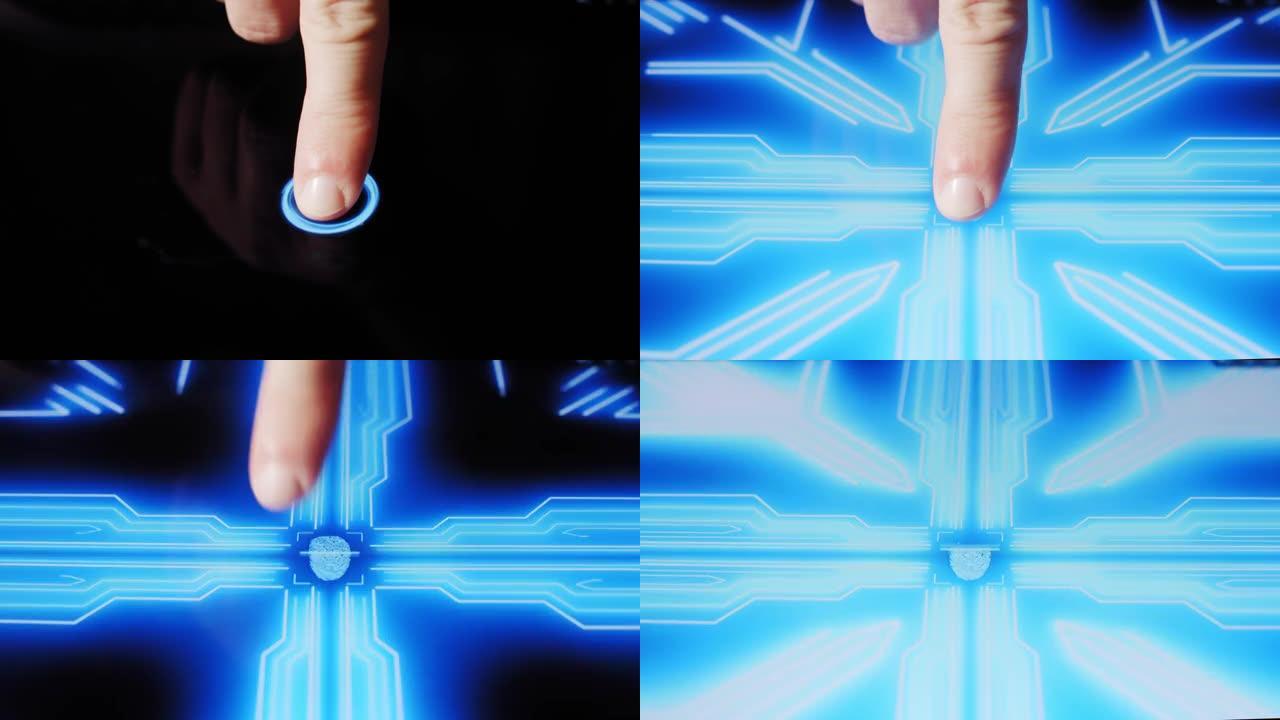 人类手指打开触摸屏按钮，激活未来的人工智能。机器学习、人工智能、概念Vercion 4的可视化
