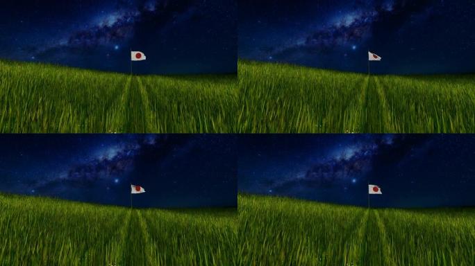 草地上的日本国旗有着惊人的夜空