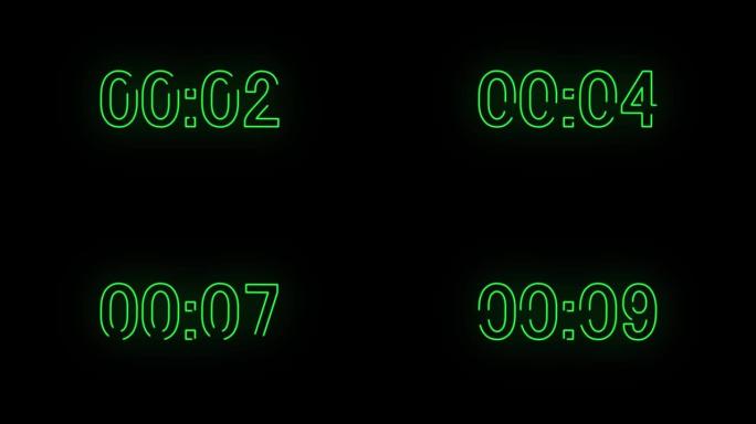 动画无缝背景霓虹灯数字从0到10。视频4k时钟滴答时间。