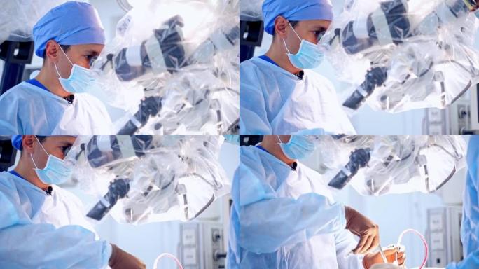 团队外科医生在手术室工作。手术室中的现代化设备。神经外科医疗器械。
