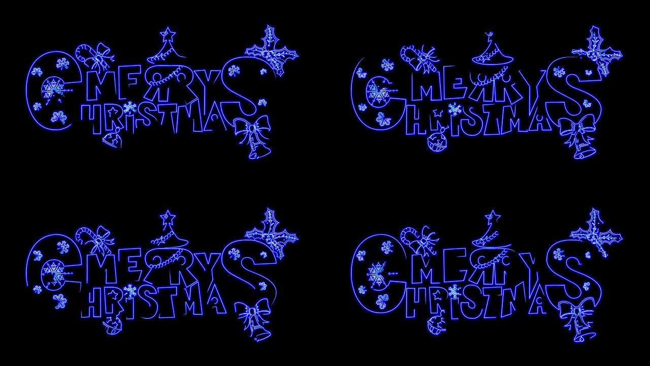圣诞快乐霓虹灯字母在黑色背景上发光。蓝色霓虹灯文本特写4k视频圣诞假期。