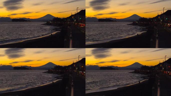 黄昏时的富士山和江之岛从稻里崎