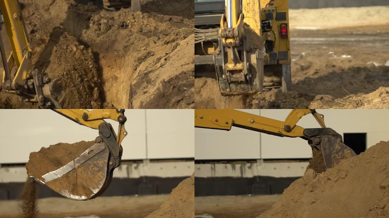 挖掘机铲斗夯实土。建筑工地。挖掘机平土，新建管道建设。从挖沟挖掘机挖沟，挖沟看。特写，特写