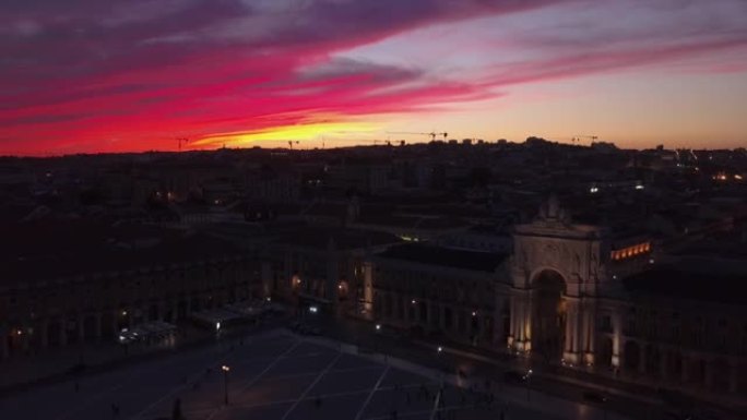 日落天空里斯本城著名广场空中全景4k葡萄牙