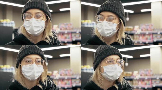 一名金发女子戴着医用口罩在超市里弄错了眼镜。