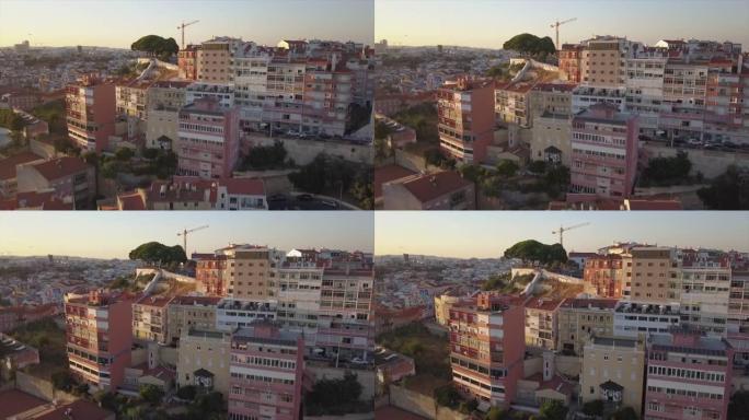 日落时间里斯本城市生活街区私人住宅空中全景4k葡萄牙