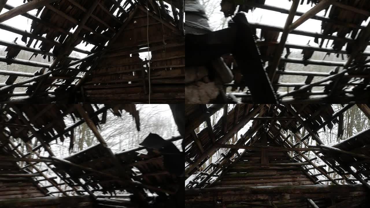 一栋古老的乡间别墅的木制屋顶被毁