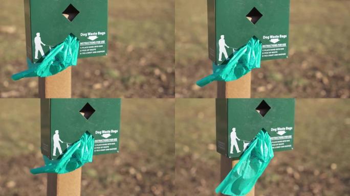 绿色盒子和处置塑料袋在公共自然土地和狗公园的气流中摇摆