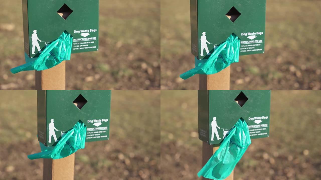 绿色盒子和处置塑料袋在公共自然土地和狗公园的气流中摇摆