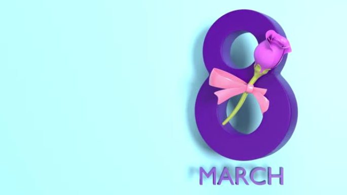 可循环的3月8日文本和一个粉红色的玫瑰以4k分辨率庆祝3月8日国际妇女节