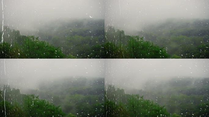 森林上空的雨和雾。从窗户看。玻璃上的雨滴。