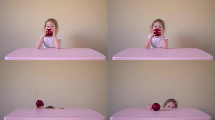 小女孩和苹果。孩子和红苹果。浆果。儿童食品。水果。