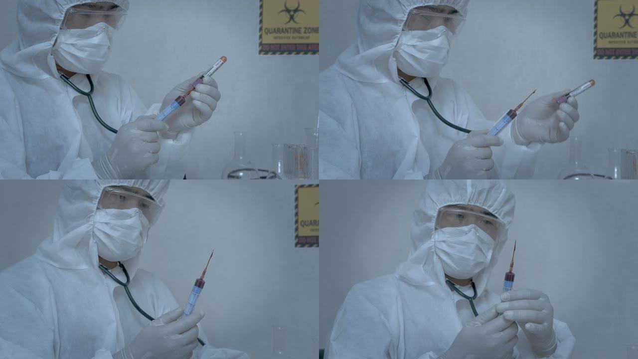 中特写-一名穿着PPE套装的亚洲男性研究人员测试来自CORONA病毒，COVID19携带者的血液样本