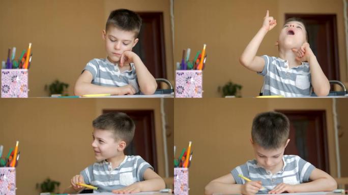一个学龄男孩在家做作业。学校培训