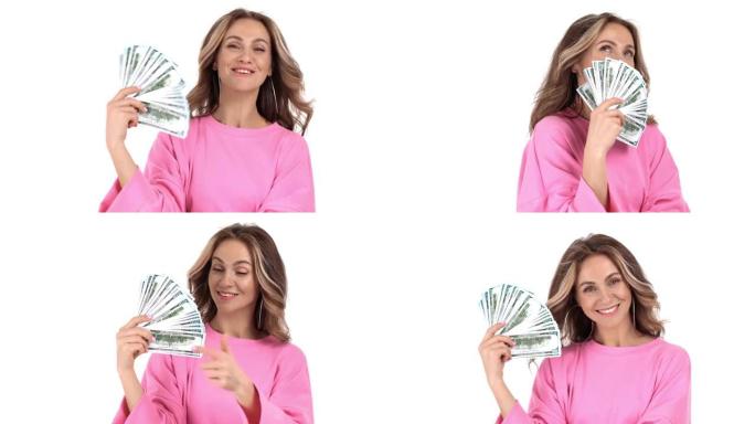 女性表现出富有与美元现金钱孤立。中近距离拍摄4k红色相机