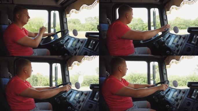 卡车司机将手臂握在方向盘上，并控制卡车行驶到目的地。卡车司机在乡下经营一辆汽车。男子在乡间道开车。物