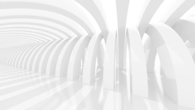 未来派的空白色走廊，有光泽的地板，抽象的半圆形柱子，明亮的阳光