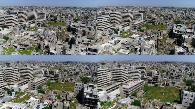 阳光下的阿勒颇。我们可以在地平线上看到叙利亚城市的废墟- 4K鸟瞰图