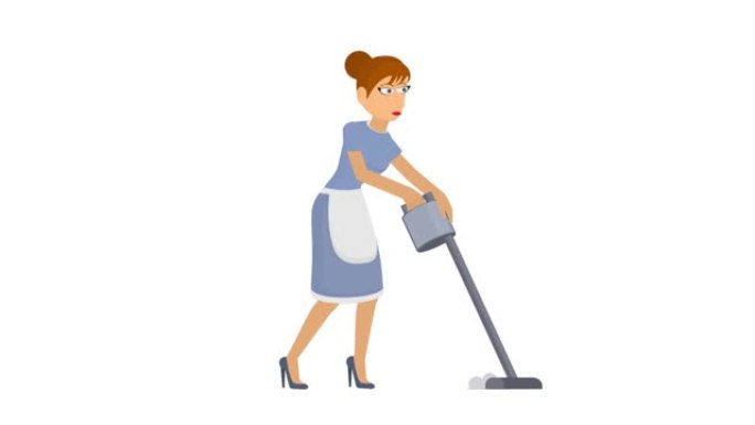 清洁女工。一个有吸尘器的女人的动画。卡通