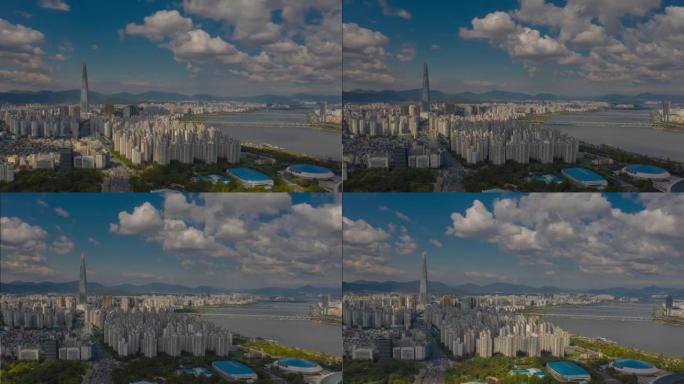 阳光明媚的日子首尔河滨城市景观最高建筑空中全景4k延时韩国