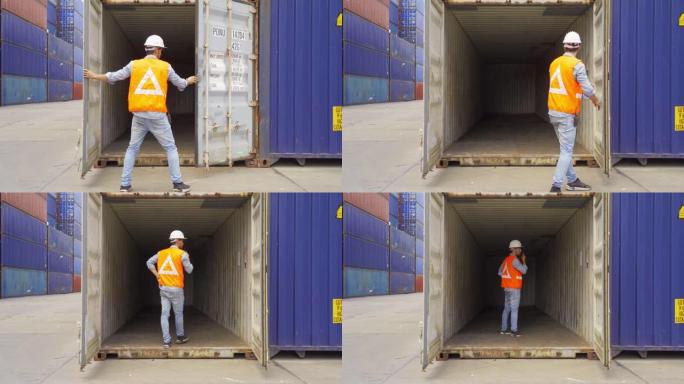 物流工人工程师在出口，进口和运输概念的货物集装箱仓库工业工厂现场工作。商人的生活方式。分销服务。
