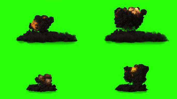 3D火灾爆炸，带有绿色屏幕背景的两个浓烟包