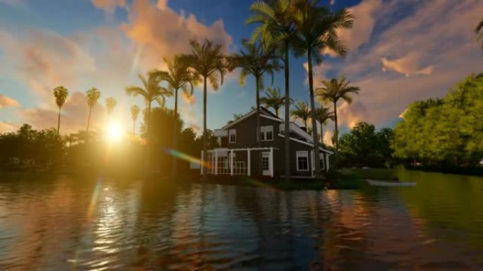 被水和棕榈树包围的房子