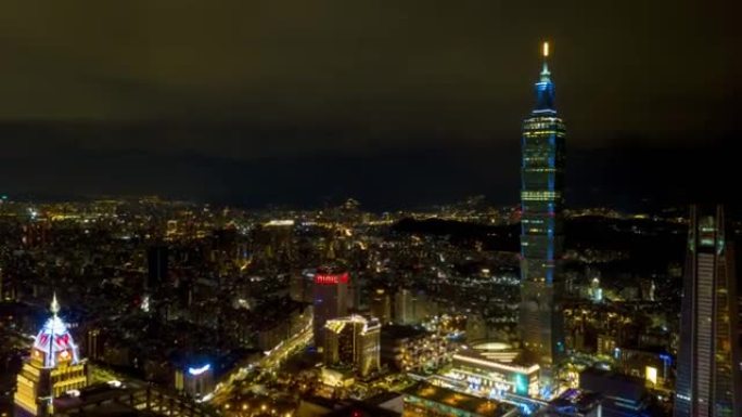 夜间照明台北城市景观著名塔空中全景4k延时台湾