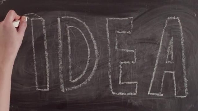 在黑板上写延时单词的想法。在黑板上特写用粉笔手画出单词的想法。答案和解决方案的概念