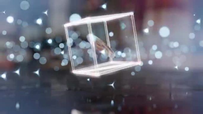 在透明的玻璃立方体上旋转硬币，几何背景场景的3d循环动画。