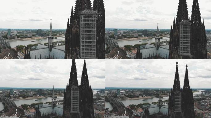 4k航拍画面从科隆大教堂飞出，揭示了德国科隆的风景。