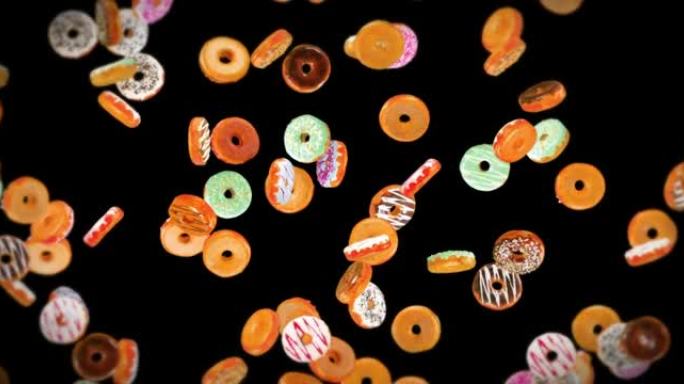 在黑色背景上飞行许多彩色甜甜圈。甜甜圈蛋糕，糖果，甜点。甜甜圈旋转的3D动画。循环动画。