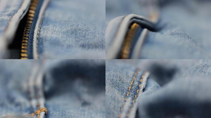 带拉链和金属纽扣的蓝色牛仔裤裤子。织物纺织质地