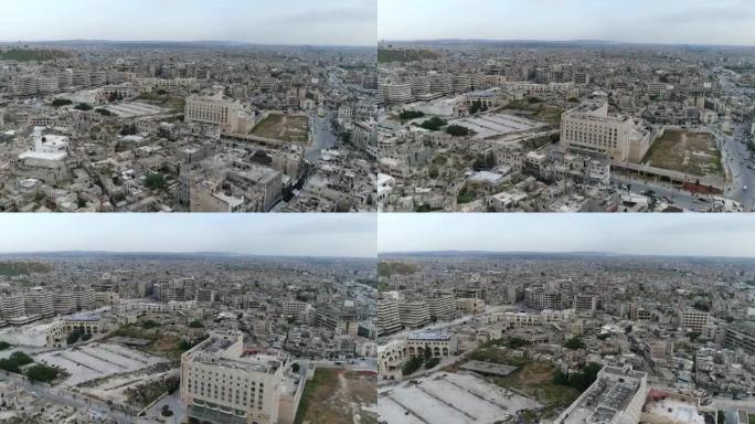 叙利亚阿勒颇，内战10年后。我们可以在4K鸟瞰图中看到整个城市的地平线