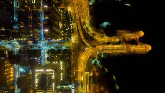 夜间照明台北市交通路口鸟瞰图4k延时台湾