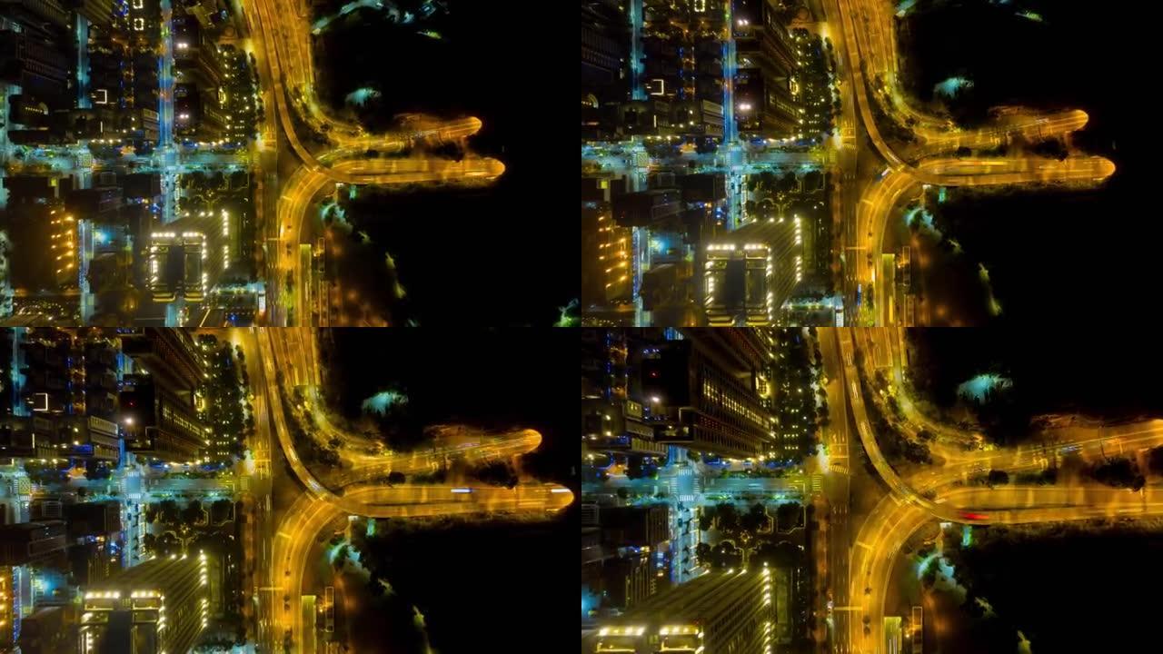 夜间照明台北市交通路口鸟瞰图4k延时台湾