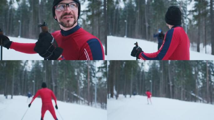 滑雪者谈话愉快。穿着红色滑雪服的年轻人站在越野滑雪道上，笑着看着镜头