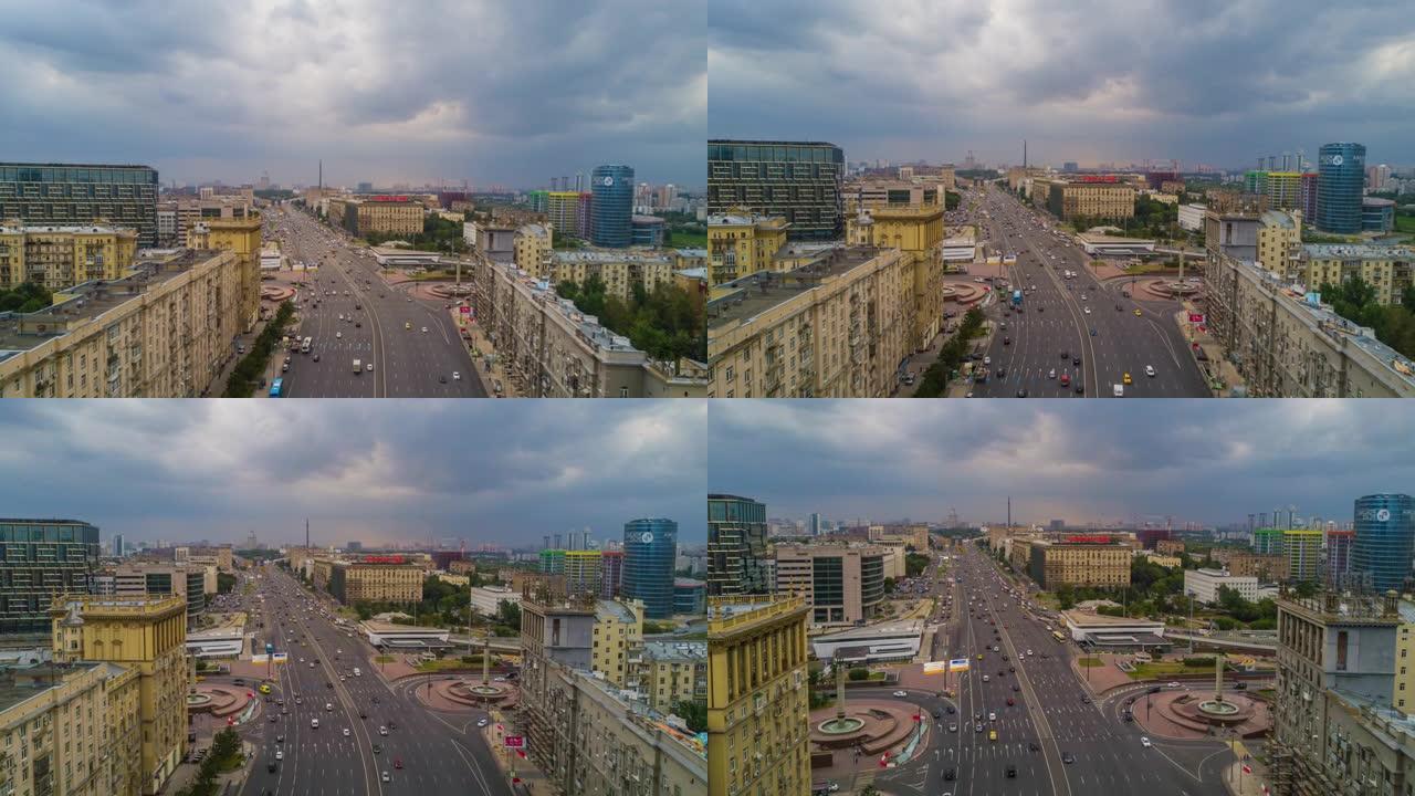 多雨的天空莫斯科市著名的交通库图佐夫斯基大道空中延时全景4k俄罗斯