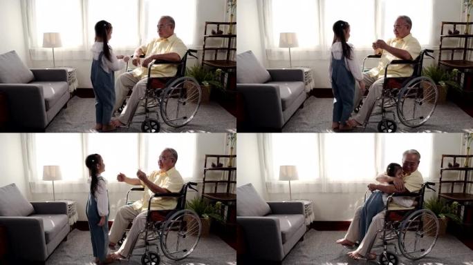 亚洲老人生病坐在轮椅上。退休年龄的生活方式和在家与家人的团结。