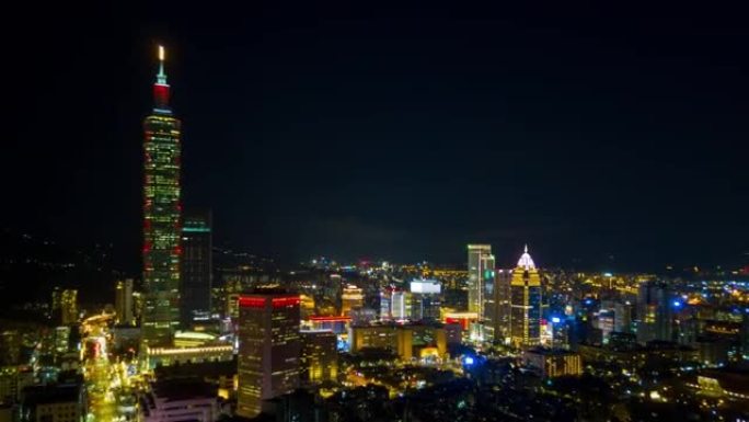 夜间照明台北城市景观著名塔空中全景4k延时台湾